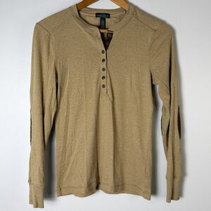 LRL Ralph Lauren Jeans Co Henley Women Medium Tan Long Sleeve 1/2 Button Casual